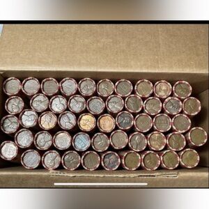 UNSEARCHED Bank Box of Wheat Cents 50 Rolls, 2500 Coins ESTATE PURCHASE